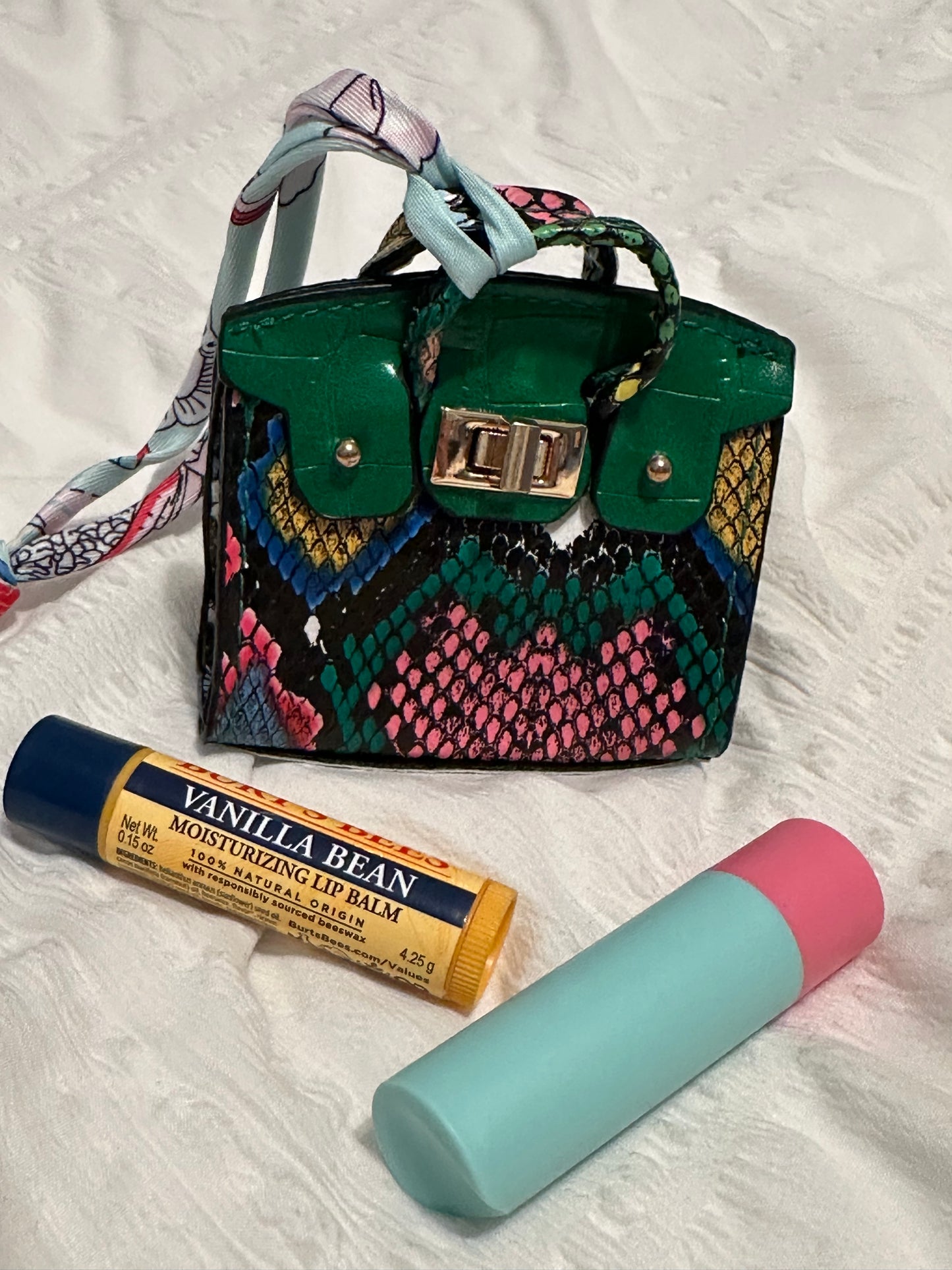 Snakeskin mini bag charm- Green with pink snakeskin