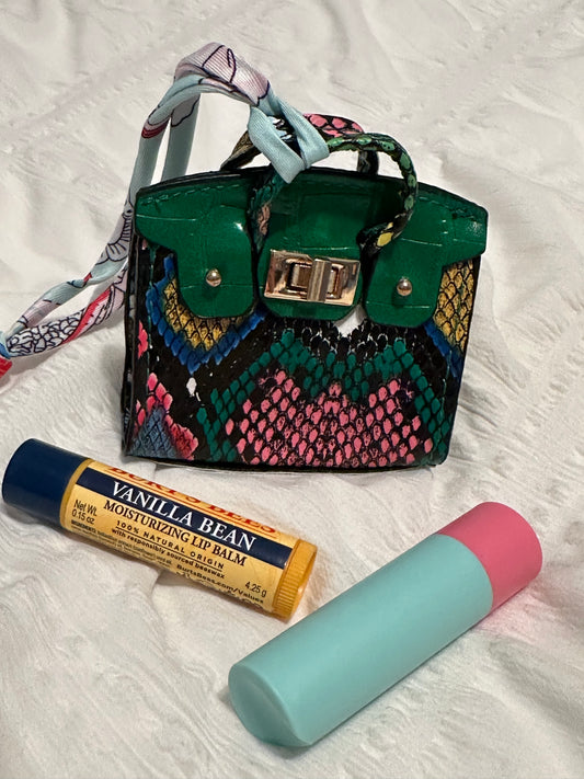 Snakeskin mini bag charm- Green with pink snakeskin